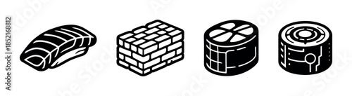 Assorted meat and seafood, steak, sushi, canned ham, flat vector illustration