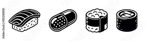 Sushi and food collection, flat vector illustration, rolls, capsule, monochrome