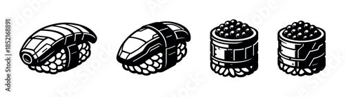 Sushi and rolls icons, flat vector illustration, japanese food clip art