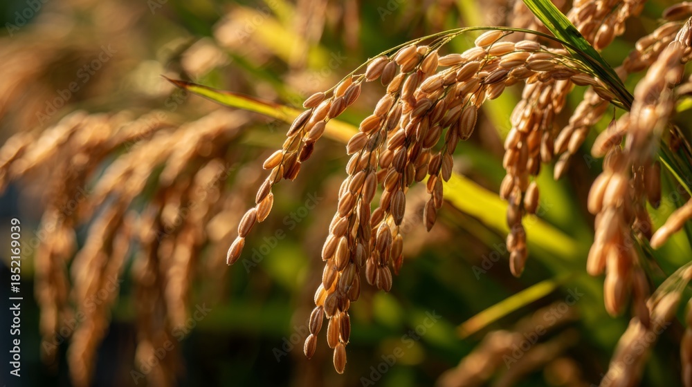 Fototapeta premium Close-up of Golden Rice Grains on Plant with Warm Sunlight Highlighting Natural Beauty of Agriculture and Harvesting Process in Outdoor Environment