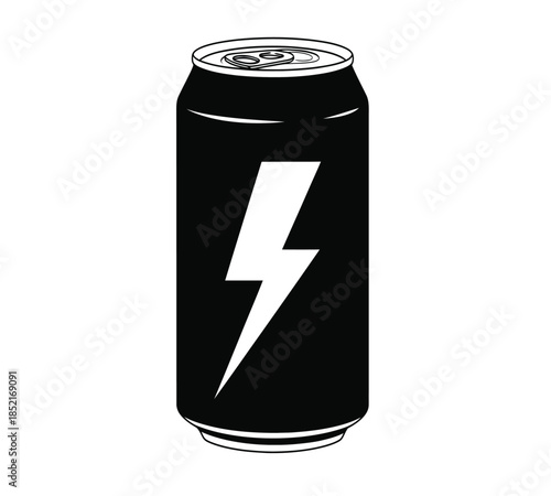 A sleek black energy drink can featuring a prominent white lightning bolt design