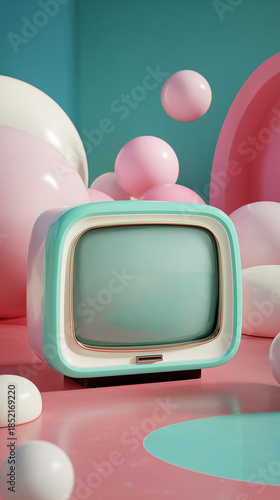 Retro 1960s television set with pastel colors and round shapes creating a playful vintage aesthetic