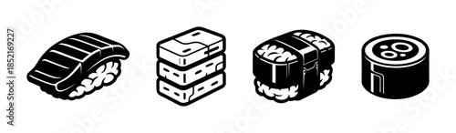 Sushi varieties, seafood, nigiri, and rolls, flat vector illustration style