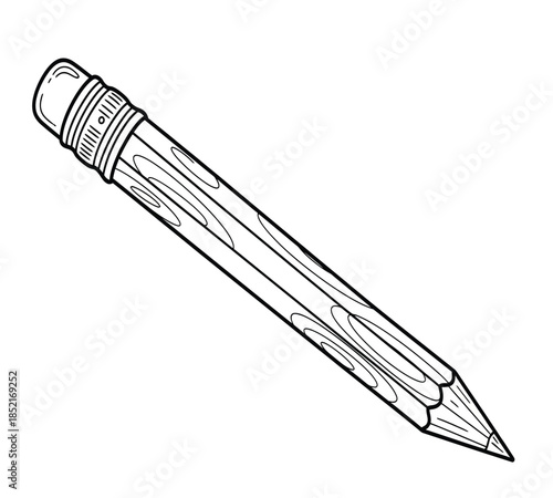 A detailed black and white line drawing of a classic wooden pencil with an eraser