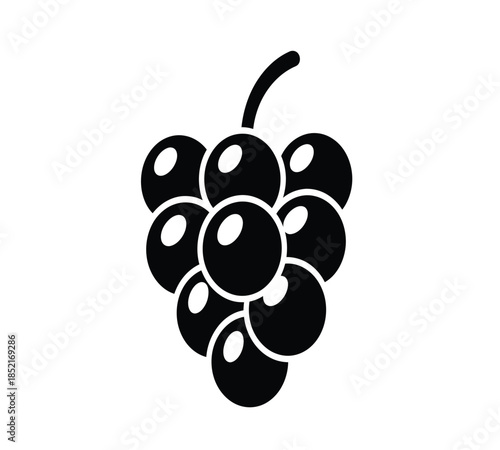 A simple black and white illustration of a bunch of grapes with a stem