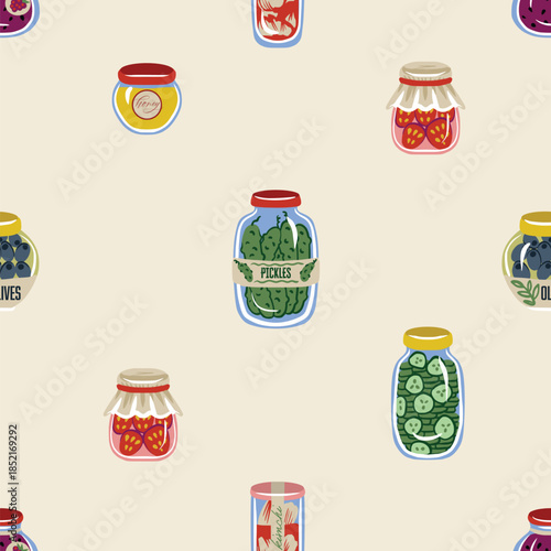 Cute food jar seamless vector pattern with pickles olives honey jam preserves