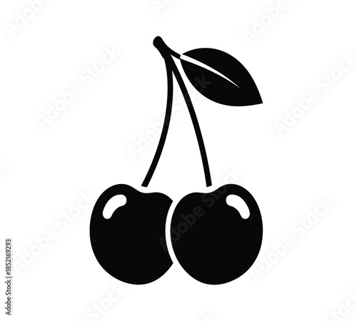 A simple black and white illustration featuring two connected cherries with stems and leaves