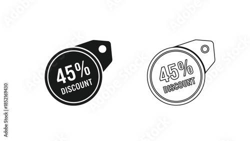 Two discount tags displaying forty five percent off offer in black and white