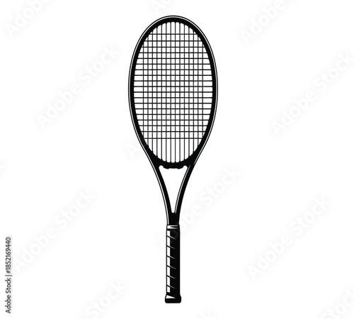 A detailed illustration of a classic black tennis racket against a white background
