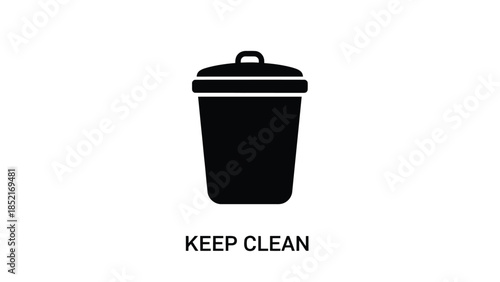 A simple black and white illustration of a trash can with text