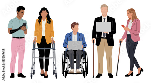Business professionals with disabilities in business attire, standing with laptops and phones. Flat minimalist illustration isolated on transparent background.