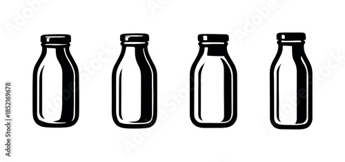 Glass bottles collection, beverage containers set, flat vector illustration
