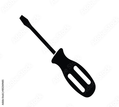 Simple black and white illustration of a flathead screwdriver on a white background