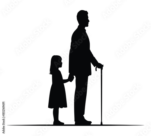 A silhouette of a grandfather and granddaughter holding hands with a walking cane