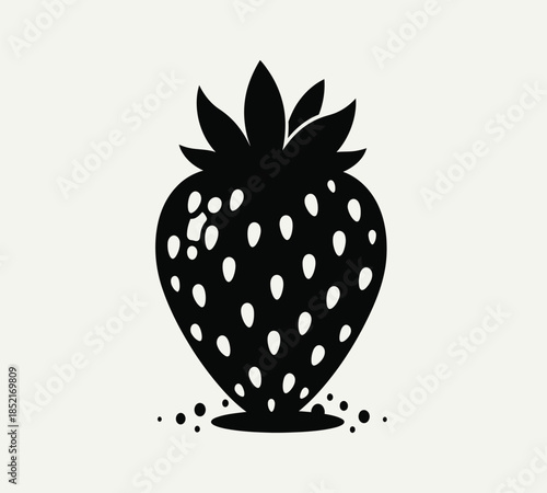 A simple black silhouette of a ripe strawberry with tiny seeds on a white background