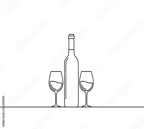 Minimalist line art illustration of a wine bottle and two wine glasses on a surface