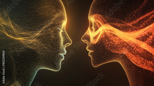 Two abstract human faces in yellow-orange hues, side profiles