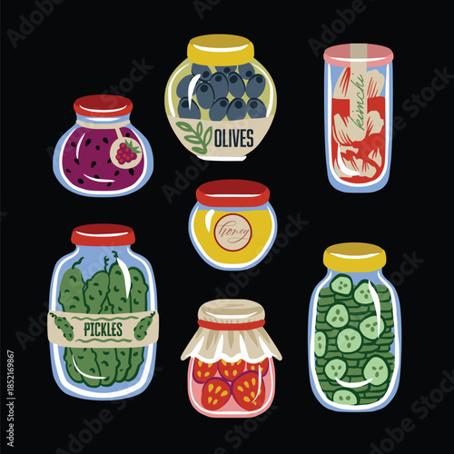 Cute food jar isolated vector pattern with pickles olives honey jam preserves