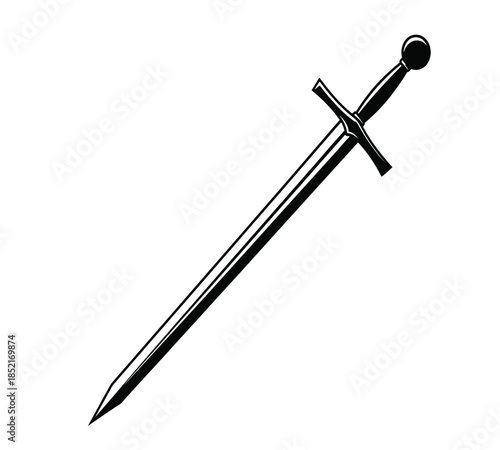 A sleek black and white illustration of a classic medieval longsword sharply detailed