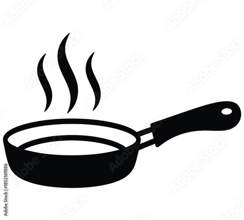 Simple black and white icon of a frying pan with rising steam or smoke