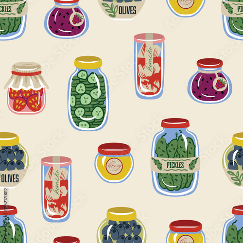 Cute food jar seamless vector pattern with pickles olives honey jam preserves