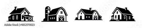 Barn and farmhouse set, rural homes, countryside, flat vector illustration