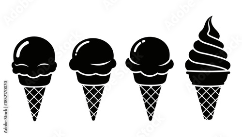 Black and white illustration of four different ice cream cone designs in a row