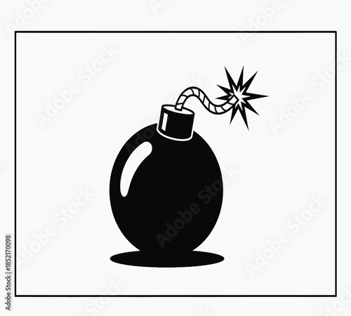 A simple cartoon illustration of a black bomb with a lit fuse on white background