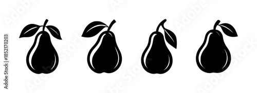 Pear icons, simple fruit, leaves set, flat vector illustration, silhouette design