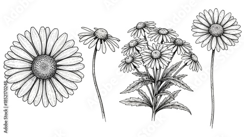 Detailed botanical illustration of several daisies with varying focus and blossom stages