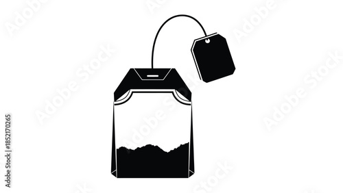 A simple black and white illustration of a teabag with a tag