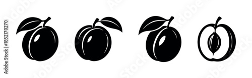 Peach vector illustration set, four designs in black and white, flat vector style