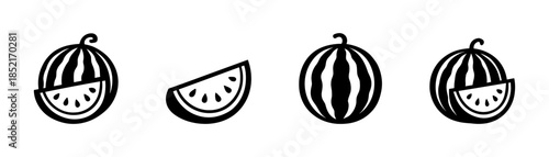 Watermelon fruit set, flat vector illustration, sliced, whole, black and white