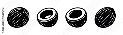 Coconut designs, whole and halved, flat vector illustration in black and white