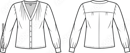 Blouse sketch, fashion illustration, technical drawing, V-neck blouse, button placket, long sleeves, gathered cuffs, shoulder detail, back yoke, center pleat, garment design, sewing pattern, 