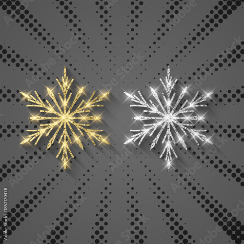 Luxury Christmas set of golden and silver snowflakes with glitter texture on dark background