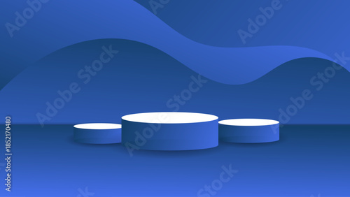 Blue 3D Podium Display Background with Minimal Cylindrical Platforms and Abstract Wave Shapes — Modern Product Presentation Scene for Branding, Advertising, Cosmetics, Technology and Mockups