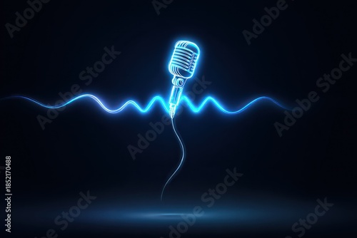 Abstract blue neon podcast microphone and wave