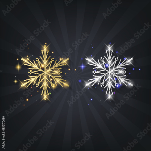 Luxury Christmas set of golden and silver snowflakes with glitter texture on dark background