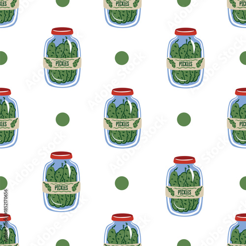 Pickles jar seamless vector pattern with cute cucumbers dots minimal kitchen design
