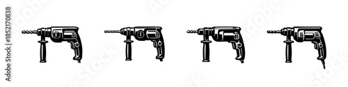 Power drill set collection, tools, hardware, flat vector illustration