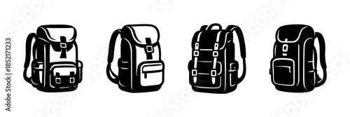 Backpack collection, school, travel, hiking styles, flat vector illustration