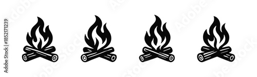 Campfire symbols, flames, logs, flat vector illustration, camping icons
