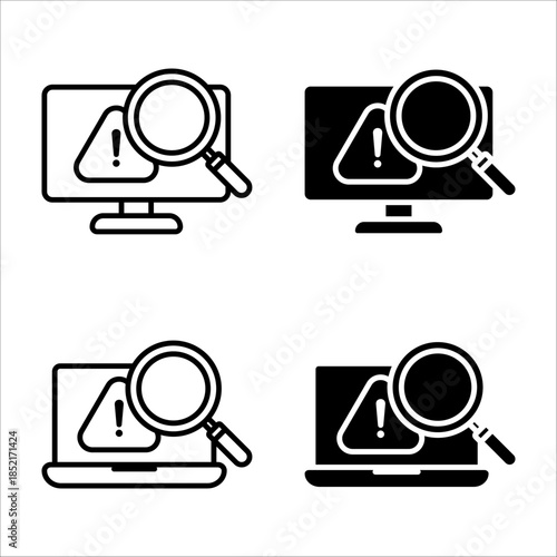 Intrusion Prevention icon set. illustration of a computer screen or laptop screen displaying an error sign being inspected with a magnifying glass. vector illustration on white background