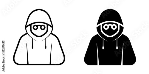 Anonymous icon set. illustration of a hacker with hoodie, wearing glasses. Depicts anonymity and internet security concept in black and white. vector illustration on white background