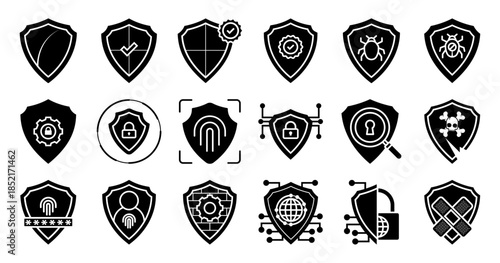 Shield icon set. A collection of security shield icons featuring different elements for protection, cybersecurity, and data safety. vector illustration on white background