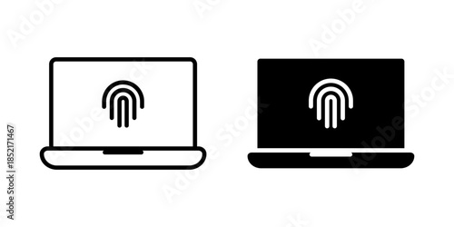 Biometric Scan icon set. illustration of a laptop with a fingerprint symbol on the screen, representing security, authentication, and identification. vector illustration on white background.