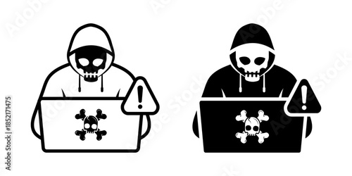 Cyber attack icon set. Simple Hacker Using Laptop with Skull Mask and Alert Sign Icon. vector illustration on white background.