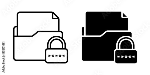 Confidential File icon set. Minimalist illustration of a folder containing document locked with a password. Represents security and privacy. vector illustration on white background.