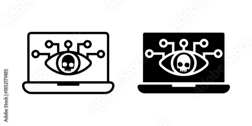 Cyber Monitoring icon set. An illustration of a laptop with a skull eye on the screen. Represents cyber crime, malware, security threat, and online danger. vector illustration on white background.